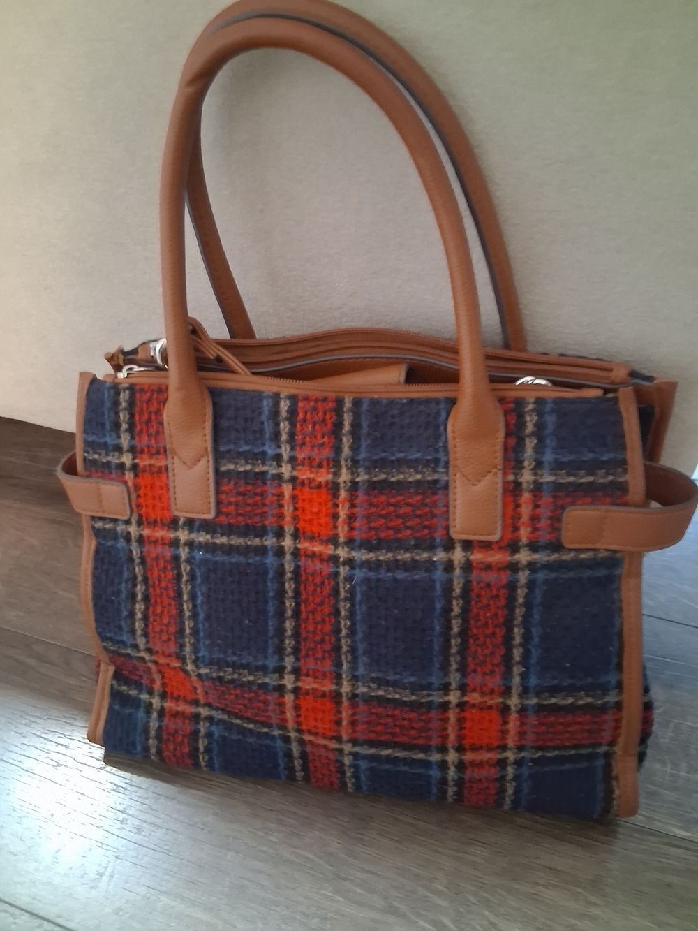 Plaid Tote Bag Tan Trim Crossbody Purse Business Office Everyday - Picture 2 of 7